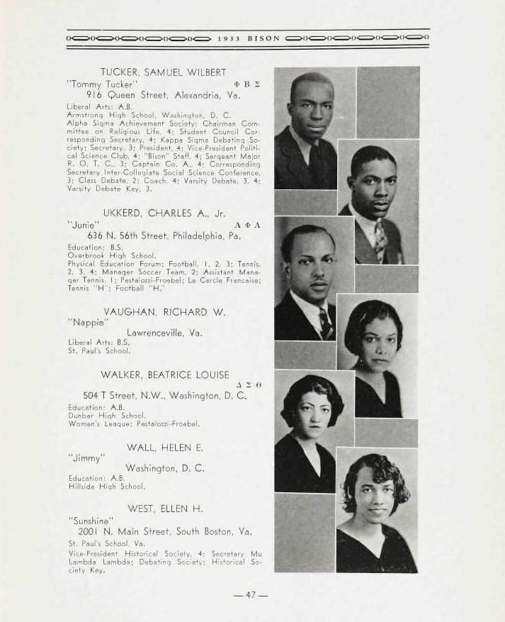 Picture of Samuel W. Tucker and classmates from the 1933 Bison Yearbook, Howard University, p 47.